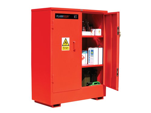 The Armorgard FlamStor Cabinet Range is designed as an upright alternative to the FlamBank, with fully adjustable shelving. Comply with all regulations for storing of harmful chemicals and flammables, built to 30 minute fire resistance.Fully welded and tested sump base to prevent leakage with high and low level ventilation.Fully adjustable shelves with all sizes and heavy-duty 5-lever deadlocks with serial numbers for replacement keys. Fork lift skids on all sizes.The Armorgard FlamStor™ Hazard Cabinet has the following specifications:External Dimensions: 1200 x 580 x 1550mm.Internal Dimensions: 1170 x 520 x 1470mm.Weight: 150kg.