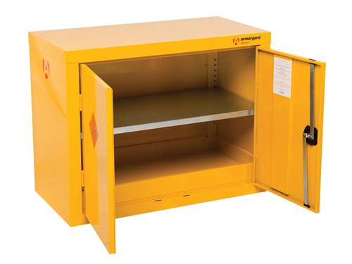 The Armorgard SafeStor™ Hazardous Floor Cupboard is designed to be used internally for the safe storage of flammables and chemicals, such as paint and other hazardous substances as defined by COSHH guidelines. Built to a 30 minute fire resistance.Supplied with 1 spill retaining galvanised shelf, liquid-tight sump to contain spillages, flush handles with two-point locking, reinforced doors, powder coated paint finish and relevant warning signs.The Armogard SafeStor™ Hazardous Floor Cupboard has the following specifications:External Dimensions: 900 x 465 x 700mm.Internal Dimensions: 890 x 450 x 690mm.Number Of Shelves: 1.Weight: 33kg.