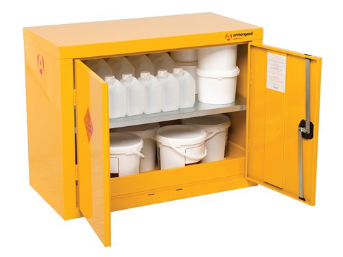 The Armorgard SafeStor™ Hazardous Floor Cupboard is designed to be used internally for the safe storage of flammables and chemicals, such as paint and other hazardous substances as defined by COSHH guidelines. Built to a 30 minute fire resistance.Supplied with 1 spill retaining galvanised shelf, liquid-tight sump to contain spillages, flush handles with two-point locking, reinforced doors, powder coated paint finish and relevant warning signs.The Armogard SafeStor™ Hazardous Floor Cupboard has the following specifications:External Dimensions: 900 x 465 x 700mm.Internal Dimensions: 890 x 450 x 690mm.Number Of Shelves: 1.Weight: 33kg.