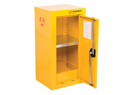 The Armorgard SafeStor™ Hazardous Floor Cupboard is designed to be used internally for the safe storage of flammables and chemicals, such as paint and other hazardous substances as defined by COSHH guidelines. Built to a 30 minute fire resistance.Supplied with 1 spill retaining galvanised shelf, liquid-tight sump to contain spillages, flush handles with two-point locking, reinforced doors, powder coated paint finish and relevant warning signs.The Armogard SafeStor™ Hazardous Floor Cupboard has the following specifications:External Dimensions: 350 x 315 x 700mm.Internal Dimensions: 340 x 290 x 690mm.Number Of Shelves: 1.Weight: 12kg.