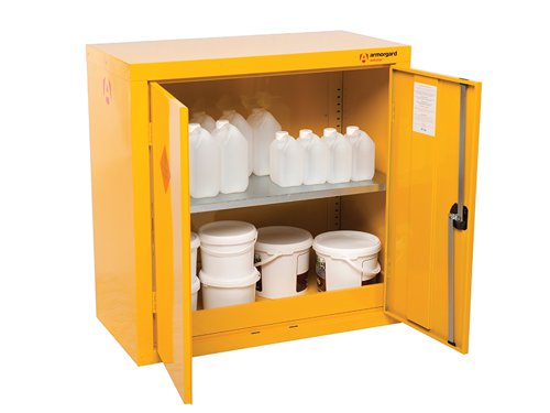 The Armorgard SafeStor™ Hazardous Floor Cupboard is designed to be used internally for the safe storage of flammables and chemicals, such as paint and other hazardous substances as defined by COSHH guidelines. Built to a 30 minute fire resistance.Supplied with 1 spill retaining galvanised shelf, liquid-tight sump to contain spillages, flush handles with two-point locking, reinforced doors, powder coated paint finish and relevant warning signs.The Armogard SafeStor™ Hazardous Floor Cupboard has the following specifications:External Dimensions: 900 x 465 x 900mm.Internal Dimensions: 890 x 450 x 890mm.Number Of Shelves: 1.Weight: 38kg.