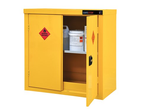 The Armorgard SafeStor™ Hazardous Floor Cupboard is designed to be used internally for the safe storage of flammables and chemicals, such as paint and other hazardous substances as defined by COSHH guidelines. Built to a 30 minute fire resistance.Supplied with 1 spill retaining galvanised shelf, liquid-tight sump to contain spillages, flush handles with two-point locking, reinforced doors, powder coated paint finish and relevant warning signs.The Armogard SafeStor™ Hazardous Floor Cupboard has the following specifications:External Dimensions: 900 x 465 x 900mm.Internal Dimensions: 890 x 450 x 890mm.Number Of Shelves: 1.Weight: 38kg.