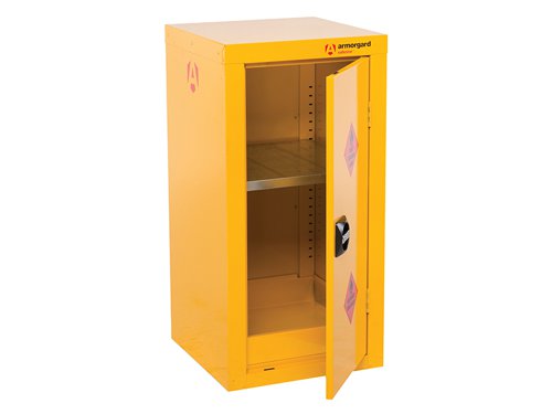 The Armorgard SafeStor™ Hazardous Floor Cupboard is designed to be used internally for the safe storage of flammables and chemicals, such as paint and other hazardous substances as defined by COSHH guidelines. Built to a 30 minute fire resistance.Supplied with 1 spill retaining galvanised shelf, liquid-tight sump to contain spillages, flush handles with two-point locking, reinforced doors, powder coated paint finish and relevant warning signs.The Armogard SafeStor™ Hazardous Floor Cupboard has the following specifications:External Dimensions: 450 x 465 x 905mmInternal Dimensions: 450 x 450 x 890mm.Number Of Shelves: 1.Weight: 23kg.