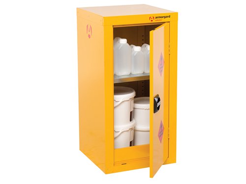 The Armorgard SafeStor™ Hazardous Floor Cupboard is designed to be used internally for the safe storage of flammables and chemicals, such as paint and other hazardous substances as defined by COSHH guidelines. Built to a 30 minute fire resistance.Supplied with 1 spill retaining galvanised shelf, liquid-tight sump to contain spillages, flush handles with two-point locking, reinforced doors, powder coated paint finish and relevant warning signs.The Armogard SafeStor™ Hazardous Floor Cupboard has the following specifications:External Dimensions: 450 x 465 x 905mmInternal Dimensions: 450 x 450 x 890mm.Number Of Shelves: 1.Weight: 23kg.