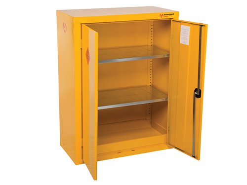 The Armorgard SafeStor™ Hazardous Floor Cupboard is designed to be used internally for the safe storage of flammables and chemicals, such as paint and other hazardous substances as defined by COSHH guidelines. Built to a 30 minute fire resistance.Supplied with 1 spill retaining galvanised shelf, liquid-tight sump to contain spillages, flush handles with two-point locking, reinforced doors, powder coated paint finish and relevant warning signs.The Armogard SafeStor™ Hazardous Floor Cupboard has the following specifications:External Dimensions: 900 x 465 x 1200mmInternal Dimensions: 890 x 450 x 1190mm.Number Of Shelves: 2.Weight: 45kg.