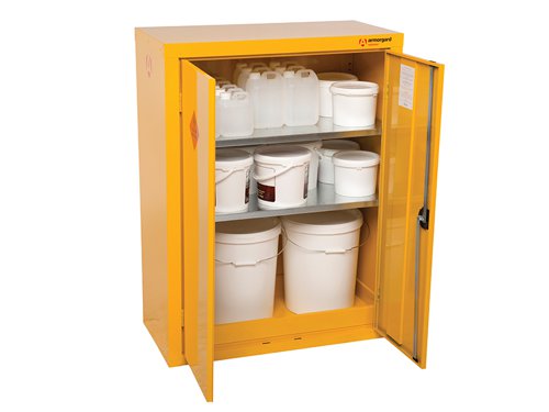 The Armorgard SafeStor™ Hazardous Floor Cupboard is designed to be used internally for the safe storage of flammables and chemicals, such as paint and other hazardous substances as defined by COSHH guidelines. Built to a 30 minute fire resistance.Supplied with 1 spill retaining galvanised shelf, liquid-tight sump to contain spillages, flush handles with two-point locking, reinforced doors, powder coated paint finish and relevant warning signs.The Armogard SafeStor™ Hazardous Floor Cupboard has the following specifications:External Dimensions: 900 x 465 x 1200mmInternal Dimensions: 890 x 450 x 1190mm.Number Of Shelves: 2.Weight: 45kg.