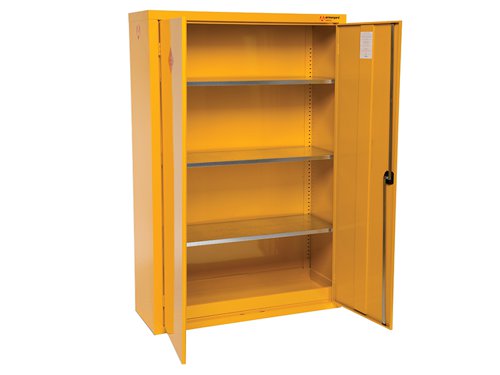 The Armorgard SafeStor™ Hazardous Floor Cupboard is designed to be used internally for the safe storage of flammables and chemicals, such as paint and other hazardous substances as defined by COSHH guidelines. Built to a 30 minute fire resistance.Supplied with 1 spill retaining galvanised shelf, liquid-tight sump to contain spillages, flush handles with two-point locking, reinforced doors, powder coated paint finish and relevant warning signs.The Armogard SafeStor™ Hazardous Floor Cupboard has the following specifications:External Dimensions: 1200 x 465 x 1800mmInternal Dimensions: 1190 x 450 x 1790mm.Number Of Shelves: 3.Weight: 75kg.
