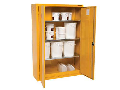 The Armorgard SafeStor™ Hazardous Floor Cupboard is designed to be used internally for the safe storage of flammables and chemicals, such as paint and other hazardous substances as defined by COSHH guidelines. Built to a 30 minute fire resistance.Supplied with 1 spill retaining galvanised shelf, liquid-tight sump to contain spillages, flush handles with two-point locking, reinforced doors, powder coated paint finish and relevant warning signs.The Armogard SafeStor™ Hazardous Floor Cupboard has the following specifications:External Dimensions: 1200 x 465 x 1800mmInternal Dimensions: 1190 x 450 x 1790mm.Number Of Shelves: 3.Weight: 75kg.