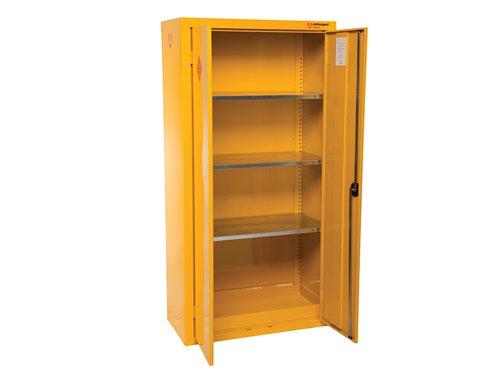 The Armorgard SafeStor™ Hazardous Floor Cupboard is designed to be used internally for the safe storage of flammables and chemicals, such as paint and other hazardous substances as defined by COSHH guidelines. Built to a 30 minute fire resistance.Supplied with 1 spill retaining galvanised shelf, liquid-tight sump to contain spillages, flush handles with two-point locking, reinforced doors, powder coated paint finish and relevant warning signs.The Armogard SafeStor™ Hazardous Floor Cupboard has the following specifications:External Dimensions: 900 x 465 x 1800mmInternal Dimensions: 850 x 450 x 1790mm.Number Of Shelves: 3.Weight: 66kg.