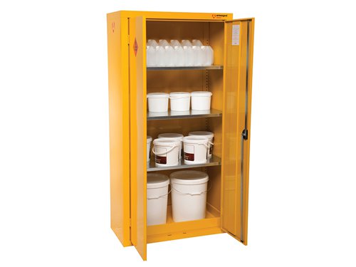 The Armorgard SafeStor™ Hazardous Floor Cupboard is designed to be used internally for the safe storage of flammables and chemicals, such as paint and other hazardous substances as defined by COSHH guidelines. Built to a 30 minute fire resistance.Supplied with 1 spill retaining galvanised shelf, liquid-tight sump to contain spillages, flush handles with two-point locking, reinforced doors, powder coated paint finish and relevant warning signs.The Armogard SafeStor™ Hazardous Floor Cupboard has the following specifications:External Dimensions: 900 x 465 x 1800mmInternal Dimensions: 850 x 450 x 1790mm.Number Of Shelves: 3.Weight: 66kg.