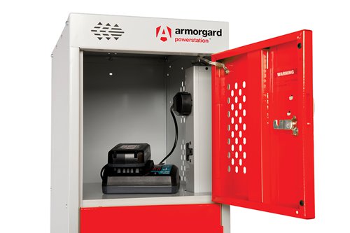 The Armorgard PowerStation is a battery charging locker bank, designed to charge power tool batteries, and mobile phones while keeping them safe and secure, ideal for the site office.The PowerStation has six separate compartments, each containing double sockets connected in series to a 230 Volt RCD protected plug. The doors are fitted with cam locks and are perforated for ventilation.Lockers are finished in an anti-bacterial epoxy powder coat, and each lock is serial numbered for replacement keys.Specifications;External Dimensions: 300 x 460 x 1715mm.Internal: Single Locker: 300 x 385 x 315mm.Weight: 27kg (59.5lbs).
