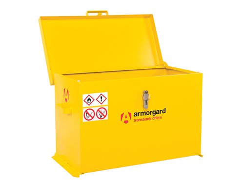 The Armorgard TransBank™ Chemical Transit Box has been designed specifically for storing or transporting smaller quantities of chemicals. Fully complies with all regulations, built to 30 minute fire resistance. All boxes are fitted with flame arrester gauze.With pre-drilled holes for bolting down so as to secure the unit in a fixed location or in the back of a vehicle. Fully welded and tested sump base to prevent leakage. Finished in bright yellow with relevant hazard warning signs fitted as standard.This Armorgard TransBank™ Chemical Transit Box has the following specifications:Sump Capacity: 70External Dimensions: 880 x 485 x 540mmInternal Dimensions: 790 x 415 x 510mmWeight: 28kg