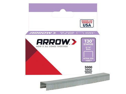 These staples are for use with the Arrow T30, T32 and HT30 Hammer Tacker. They are made from thin steel wire.Size: 8mmBox Quantity 5000 (5 x 1000).