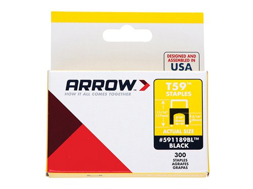 The Arrow T59 Insulated Staples are for use with the Arrow T59. Ideal for tacking bell wire, etc.Available Colours: clear or black.Arrow T59 Insulated Staples have the following specification:Size: 6 x 6mm.Colour: Black.Quantity: Box 300.