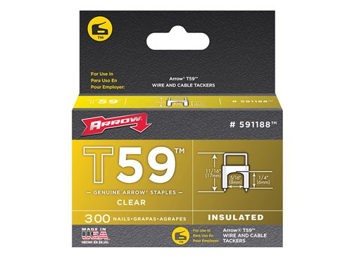 The Arrow T59 Insulated Staples are for use with the Arrow T59. Ideal for tacking bell wire, etc.Available Colours: clear or black.Arrow T59 Insulated Staples have the following specification:Size: 6 x 8mm.Colour: Clear.Quantity: Box 300.