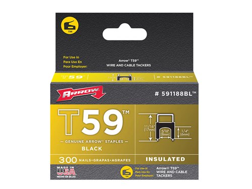 The Arrow T59 Insulated Staples are for use with the Arrow T59. Ideal for tacking bell wire, etc.Available Colours: clear or black.Arrow T59 Insulated Staples have the following specification:Size: 6 x 8mm.Colour: Black.Quantity: Box 300.