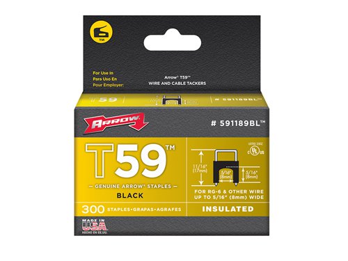 The Arrow T59 Insulated Staples are for use with the Arrow T59. Ideal for tacking bell wire, etc.Available Colours: clear or black.Arrow T59 Insulated Staples have the following specification:Size: 8 x 8mm.Colour: Black.Quantity: Box 300.