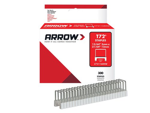 For use with the Arrow T72 staple gun. The exclusive design of the gun, along with the insulated staples, allows the safe and secure installation of all types of wiring up to 15mm / 9/16in.Options available:Clear Insulated Steel in sizes 5 x 12mm and 9 x 15mm.Clear Insulated Hardwood in size 5 x 12mm, designed specifically for use in harder woods.These staples have been designed specifically for use in harder woods.Size: 5 x 12mmPack Quantity: 300