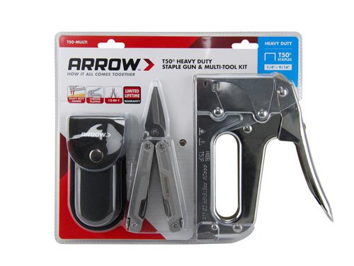 The Arrow T50™ professional heavy-duty tacker gun has an all-steel construction with hardened steel working parts and jam-resistant mechanism and a durable chrome finish. It has an easy squeeze double leverage operation and a visual staple refill window and over 50 years of tested durability. The choice of homeowners and pros alike. Ideal for use in: Insulation, Roofing, Screening, Upholstery & Light wiring.Uses Arrow T50® staples: 6, 8, 10, 12, 13 and 14mm (ceiltile) staples.Supplied with a FREE Multi Tool.