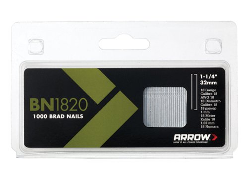 Brad Nails to fit Arrow Staplers T50PBN, ET100 and ET200.Brad nails for use with the arrow ET125 end ET200 Nail gunsSize: Length 11/4 InchGauge: 18Box Qty: 1000
