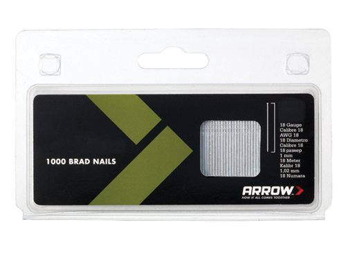 Brad Nails to fit Arrow Staplers T50PBN, ET100 and ET200.Brad nails for use with the arrow ET125 and ET200 Nail gunsSize: Length 50mmGauge: 18Box Qty: 1000