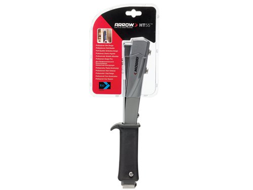 Professional hammer tacker with heavy-duty steel construction and anti-slip rubber grip handle. Removable handle pin releases magazine. Holds two full strips of Arrow T50® staples: 6, 8 and 10mm.Ideal for :Roofing Underlayment.Housewrap.Insulation.Vapour Barrier.Carpet Padding Installation.