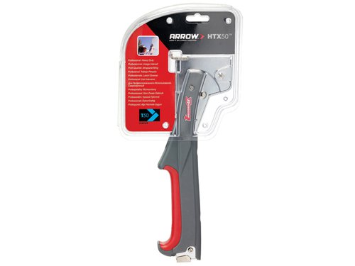 Arrow HTX50 Professional Hammer Tacker with steel construction, jam resistant mechanism and precision locked rear loading. It has an ergonomic soft rubber grip for easy all day use, a recessed hand grip which protects the hand from scraping, surface guard flange which reduces damage to surface and a knuckle guard which avoids surface impact on hand.Holds two full strips of Arrow T50® Staples 8, 10 and 12mm.