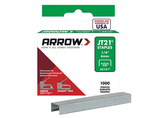Arrow JT21 series light-duty staples to fit JT21/21C staple gun.These Staples have the following Specification:Size: 6mmPack qty: 1000 