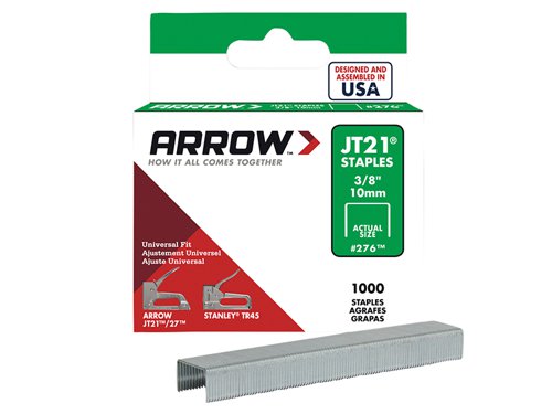 Arrow JT21 series light-duty staples to fit JT21/21C staple gun.These Staples have the following Specification:Size: 10mmPack qty: 1000 