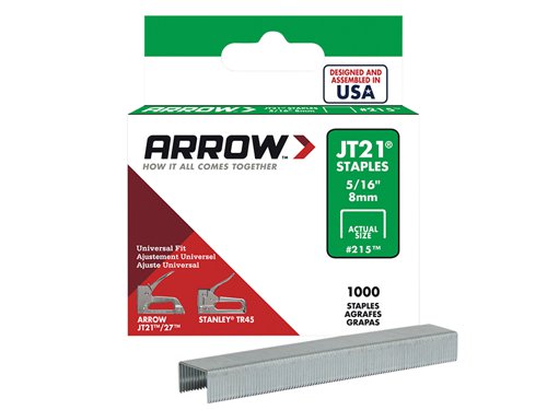 Arrow JT21 series light-duty staples to fit JT21/21C staple gun.These Staples have the following Specification:Size: 8mmPack qty: 1000