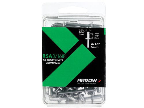 Aluminium rivets to fit Arrow riveters RL100, RH200, RHT300 and most other makes of riveters.Size: 3/16in shortGrip range: 3mmBox qty:50