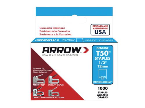 ARRT5012SS Arrow T50 Staples Stainless Steel 508SS 12mm (1/2in) (Box 1000)