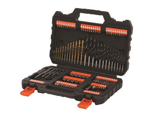The Black & Decker A7200 Mixed Drilling and Screwdriving Set is perfect for getting you started, drilling and screwdriving into materials such as masonry, brick walls, metal, wood and plastic. This set enables you to complete basic DIY tasks around the home efficiently. It is supplied in an easy to use storage case with convenient bit access, enabling you to keep all your accessories safe and secure.Contains:13 x Bradpoint Drill Bits: 3(x2), 3.5, 4, 4.5, 5(x2), 5.5, 6, 6.5, 7, 7.5, 8mm.12 x HSS-TiN Drill Bits: 1.5, 2(x2), 2.5 ,3(x2), 3.5, 4, 4.5, 5, 5.5, 6mm.5 x Masonry Drill Bits: 3, 5, 6, 8, 10mm.10 x Nut Drivers: 5(x2), 6, 7, 8, 9, 10, 11, 12, 13mm.13 x 25mm Phillips Bits: PH0(x3), PH1(x3), PH2(x3), PH3(x4).15 x 25mm Pozi Bits: PZ0(x4), PZ1(x3), PH2(x4), PH3(x4).9 x 25mm Slotted Bits: SL4(x2), SL5(x3), SL6(x2),SL7.2(x2).10 x 25mm Star Bits: 10, 15, 20(x2), 25(x2), 27(x2), 30(x2).3 x 25mm Square Bits: 1, 2, 3.7 x 25mm Hex Bits: 4(x2), 5(x2), 6(x3).4 x 50mm Phillips Bits: PH1, PH2(x2), PH3.3 x 50mm Pozi Bits: PZ1, PZ2, PZ3.3 x 50mm Star Bits: 10, 15, 20.1 x Countersink.1 x Magnetic Bit Holder.