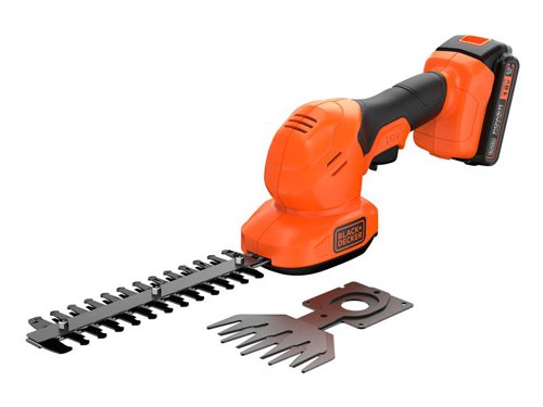 The BLACK + DECKER BCSS18D1 Shear Shrubber 18V has a lightweight, ergonomic design for comfort during prolonged usage. Easily switch between shears and trimmers with toolless blade change for ultimate convenience. Ideal for trimming grass, edges and detailed areas.Part of the BLACK+DECKER 18V lithium-ion system. One battery system, endless possibilities.Supplied with: 1 x Shear Blade, 1 x Trimmer Blade, 1 x 18V 2.0Ah Li-ion Battery and 1 x Charger.Specifications:Trimmer Blade Length: 20cm.Trimmer Blade Gap: 8mm.Run Time: 60 minutes.