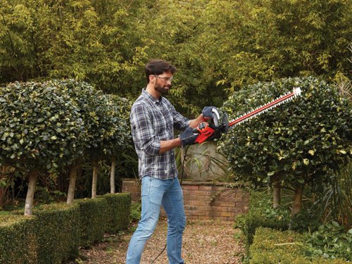 The Black & Decker BEHTS501 Hedge Trimmer is ideal for medium sized hedges. It has a powerful motor and dual action steel blades that can cut through hedges quickly and easily. The saw blade feature allows you to easily cut larger branches up to 35mm without the need for secondary tools. It has a compact, lightweight design with a secondary wraparound auxiliary handle for greater comfort and control at all angles.Specification:Input Power: 600WStrokes at No Load: 1,840/min.Blade Length: 60cm, 25mm gapBlade Brake: 