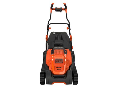 The BLACK + DECKER BEMW481BH Mower has been engineered for greater comfort and maneuverability. An easy start function allows users to switch the mower on and off effortlessly, using activation button. Ideal for lawns up to 600m², equivalent to 3+ tennis courts.Its high performance blade provides 80% better grass collection and greatly improved cutting results. A large collection box enables you to power through the mowing without the frustration of continuously emptying the container. A ‘Box Full’ indicator alerts you when it’s time to empty. A simple lever allows you to adjust the cutting height with ease. Specifications:Input Power: 1,800W.Cutting Width: 42cm.Cutting Height Adjustment: 20-70mm.Grass Box Capacity: 50 litre.Weight: 18.3kg.