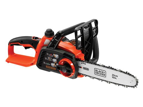 The BLACK + DECKER GKC1825L20 Cordless Chainsaw has a 25cm bar for smaller cutting applications around the garden. Tool-free chain tensioning provide quick and simple chain fitting and adjustment. Fitted with a comfortable bale handle which has an optimised balance, making it easy to manoeuvre and control whilst cutting.Part of the BLACK+DECKER 18V lithium-ion system. One battery system, endless possibilities.Supplied with: 1 x 18V 2.0Ah Li-ion Battery and 1 x Charger.Specifications:Cutting Speed: 3.5 m/s.Chain Pitch: 3/8in.Cutting Length: 25cm.Oil Tank Capacity: 53ml.Weight: 3.1kg.