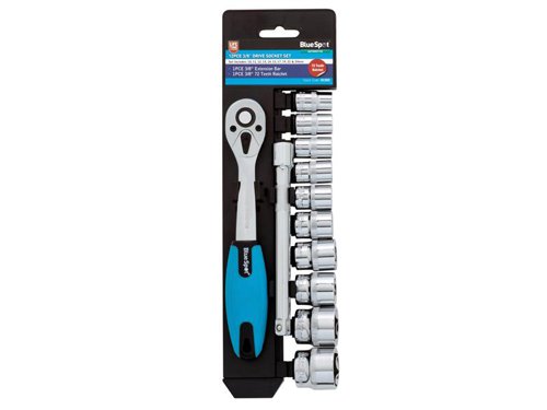 Blue Spot 01502 3/8 in Drive metric socket set 11 piece consisting of:-10 x Sockets 10, 11, 12, 13, 14, 15, 16, 17, 19, and 22mm.1 x Extension Bar.1 x Ratchet handle.The sockets and ratchet are made from strong and durable chrome vanadium. The sockets are knurled to provide a secure hold and the ratchet has a soft grip handle for comfortable use.