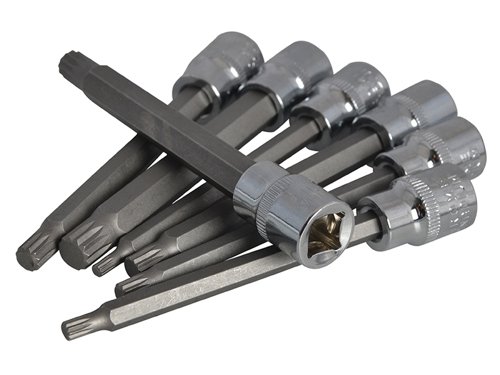 The BlueSpot 7 Piece 3/8in Drive Extra Long Spline Socket Bit Set is manufactured from chrome vanadium steel for increased durability. Features an extra long (110mm) shaft for accessing hard to reach areas that conventional bits cannot reach.The set contains the following sizes:M4, M5, M6, M7, M8, M9 and M10