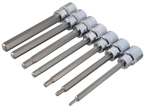 This BlueSpot Hex Bit Socket Set contains 7 3/8in square drive Hex bit sockets which are manufactured from chrome vanadium steel. They have extra long (110mm) shafts, making them ideal for hard to reach areas that conventional bits cannot reach. Their ball ended tips provide a tighter fit and a secure hold.The set contains the following sizes:3, 4, 5, 6, 7, 8 and 10mm.