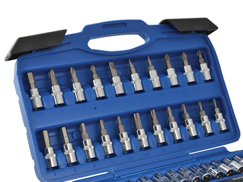 This BlueSpot 46 piece socket set contains a variety of useful sockets which are supplied in a blow mould case for handy storage.The set includes the following: 13 x 1/4in drive sockets: 4, 4.5, 5, 5.5, 6, 7, 8, 9, 10, 11, 12, 13 and 14mm21 x 1/4in drive bit sockets:3 x Flared: 4mm, 5.5mm, 7mm.3 x Phillips: PH1, PH2, PH3.3 x Pozidriv: PZ1, PZ2, PZ3.6 x Hex: HW3, HW4, HW5, HW6, HW7, HW8.6 x TORX: T10, T15, T20, T25, T30 and T40.3 x hex key wrenches: 1.5, 2.0 and 2.5mm.1 x 1/4in drive universal joint.2 x 1/4in drive extension bars: 2in and 4in.1 x 1/4in drive flexible extension: 6in.1 x 1/4in de-sliding T bar.1 x 1/4in drive quick ratchet handle.1 x handle.1 x 1/4in drive spinner handle: 6in.1 x 1/4in drive bit adaptor.1 x Blow case.