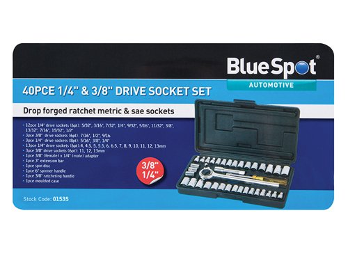 Blue Spot 01535 1/4 and 3/8 in Drive metric and AF socket set 40 piece consisting of:12 x 1/4 Hex sockets 5/32, 3/16, 7/32, 1/4, 9/32, 5/16, 11/32, 3/8, 13/32, 7/16, 15/32 and 1/2 AF.13 x 1/4 Hex sockets 4, 4.5, 5, 5.5, 6, 6.5, 7, 8, 9, 10, 11, 12 and 13mm.3 x 1/4 8 Pt sockets 1/4, 5/16 and 3/8 in1 x 1/4 Spinner handle 6 in1 x 1/4 to 3/8 Adaptor3 x 3/8 Hex sockets 7/16, 9/16 and 1/2 AF3 X 3/8 Hex sockets 11, 12 and 13mm 1 x 3/8 Reversible ratchet handle.1 x 3/8 Extension bar 3 in1 x 3/8 Spin disc1 x moulded case