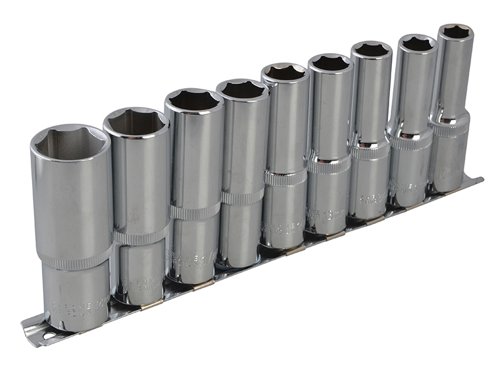 This Blue Spot socket set contains 9 useful 1/2 inch square drive sockets which are made from chrome vanadium steel for strength and durability and which have a deep reach for better access.The set contains the following sizes:10, 11, 12, 13, 14, 15, 17, 19 and 22mm.Supplied with a storage rack.