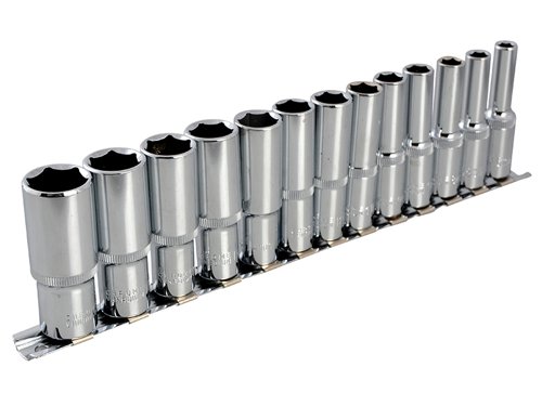 This Blue Spot socket set contains 13 popular 3/8 inch square drive sockets which are made from chrome vanadium steel for strength and durability and which have a deep reach for better access.The set contains the following sizes:6, 7, 8, 9, 10, 11, 12, 13, 14, 15, 16, 17 and 19mm.Supplied with a storage rack.