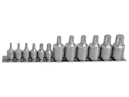 This Blue Spot socket set contains 12 popular 1/4in and 3/8in drive TORX sockets which are made from chrome vanadium steel for strength and durability. They are supplied on a handy storage rack.This set contains the following sizes:6 x 1/4in sockets: T10, T15, T20, T25, T30 and T40.6 x 3/8in sockets: T40, T45, T47, T50, T55 and T60.