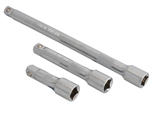 Set of 3 Blue Spot 1/2in Drive extension bars made from chrome vanadium steel which is heat treated for strength and durability.This 3 piece set contains the following lengths:75mm (3in).125mm (5in).255mm (10in).
