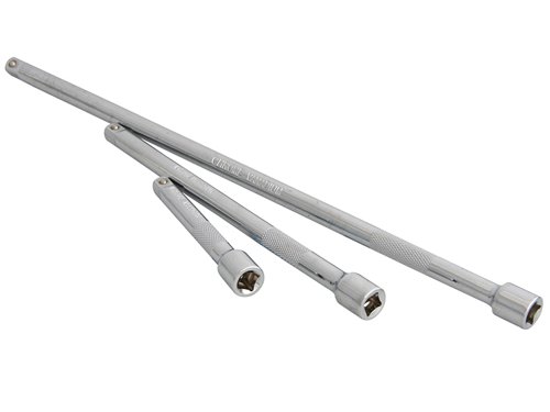Set of 3 Blue Spot 1/4in drive extension bars made from chrome vanadium steel which is heat treated for strength and durability.This 3 piece set contains the following lengths:75mm (3in).150mm (6in).255mm (10in).