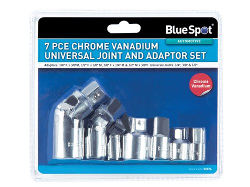 This Blue Spot set contains 4 adaptors and 3 universal joints, each made from chrome vanadium for durability. They are supplied in a handy plastic storage case.The set contains the following:Adaptors:1/4in Female > 3/8in Male.1/2in Female > 3/8in Male.3/8in Female > 1/4in Male.1/2in Male > 3/8in Female.Universal Joints:1/4in, 3/8in and 1/2in.