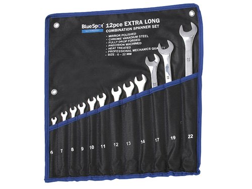 A 12 piece metric extra long combination spanner set chrome vanadium plated with hardened and tempered mirror polished steel heads. Arranged in size order in a handy storage wallet.Comprises of one each: 6, 7, 8, 9, 10, 11, 12, 13, 14, 17, 19, and 22mm.