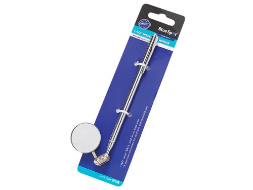 The BlueSpot Swivel Telescopic Inspection Mirror has a specially designed 360° swivel ball joint ;for easy adjustment and an all round view. The bronze, chrome plated telescopic shaft extends from 180mm to 635mm. It also features a handy pocket clip for convenient carrying.SpecificationMirror Diameter: 31mm.